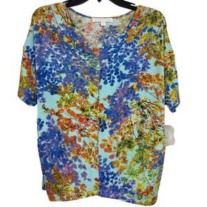 Juniper * Lime Petite Medium Multicolor Floral Soft V-neck Short Sleeve Top